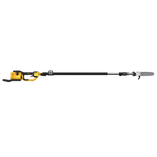 DEWALT cordless pole saw with long shaft and chainsaw blade, designed for trimming high branches.