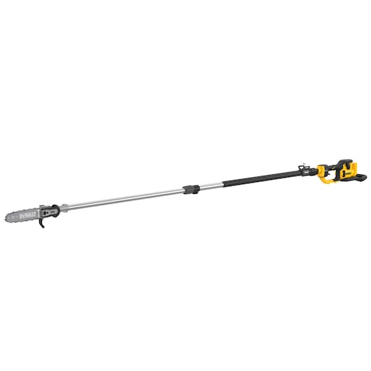 DEWALT cordless pole saw with long extension handle for tree trimming and pruning.
