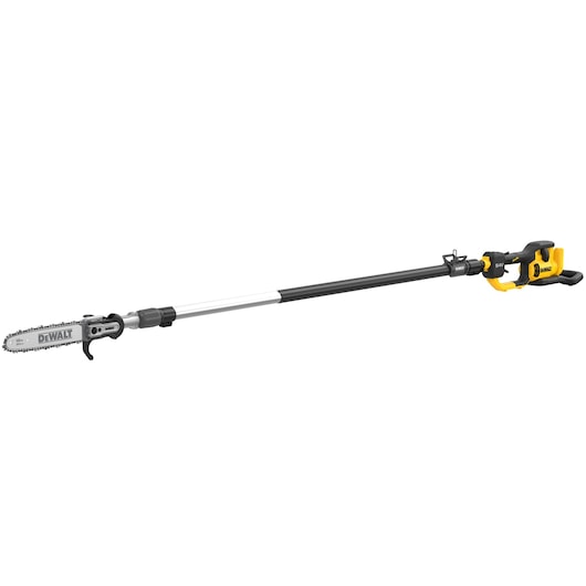 DEWALT cordless pole saw with long shaft and chain blade for pruning and cutting branches.