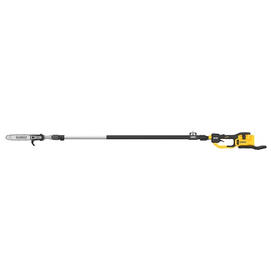 DEWALT cordless pole saw with a long reach for pruning and cutting branches.