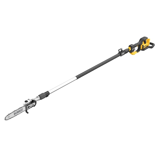 DEWALT cordless pole saw with long handle and chainsaw blade for tree pruning.