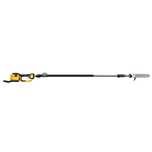 DEWALT cordless pole saw with a yellow handle and extended black-silver shaft for tree trimming.