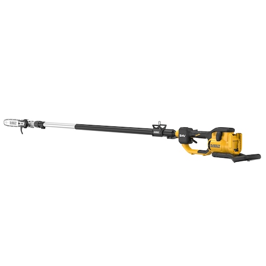 DEWALT cordless pole saw with yellow and black design, used for cutting tree branches at height.