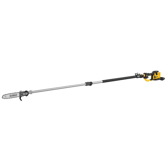 DEWALT cordless pole saw with yellow handle and long silver shaft for tree pruning.