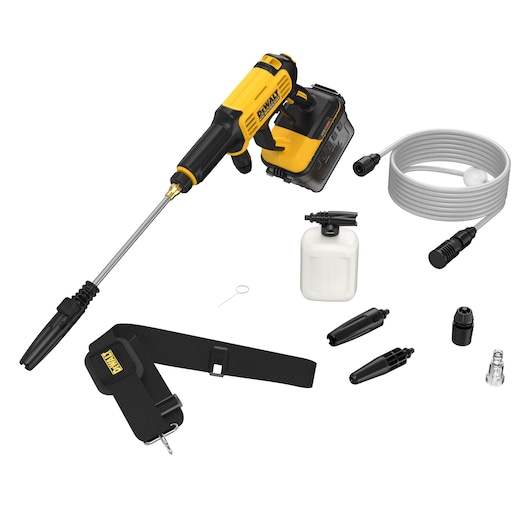 DEWALT DCMPW1000N, DCMPW1000N-XJ portable washer kit with hose, nozzles, strap and bottle.