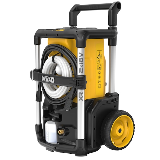 DEWALT portable pressure washer, model DCMPW1600, featuring a yellow and black design, large wheels for easy transport, a hose wrapped around the front, and an ergonomic handle.