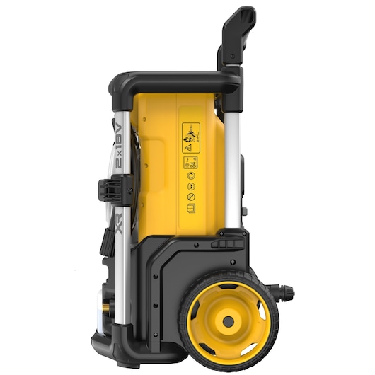 Side view of a DEWALT DCMPW1600 portable pressure washer with a yellow and black design, large wheels, and a handle for easy transport.