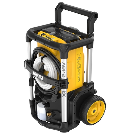 DEWALT portable pressure washer, yellow and black, with wheels and a handle for easy transport. The unit has a coiled hose and accessory storage integrated into the design.