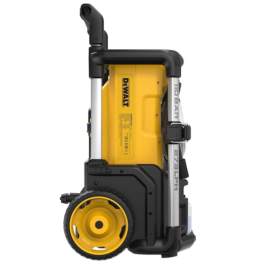 Side view of a DEWALT DCMPW1600 portable pressure washer with a yellow and black body, large wheels, and a foldable handle.