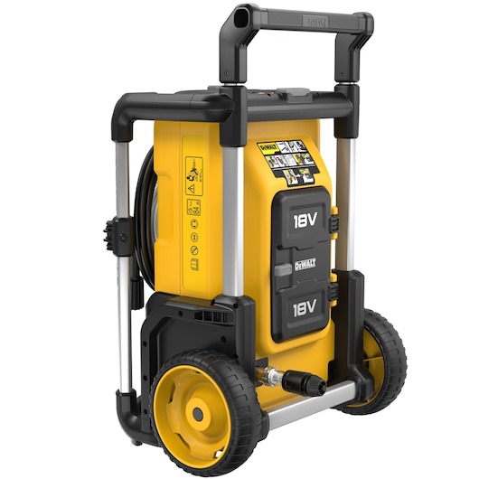 A DEWALT portable pressure washer, model DCMPW1600, featuring a yellow and black design with large wheels and a handle for easy transport. The unit is powered by 18V batteries and has visible control panels and hose attachments.