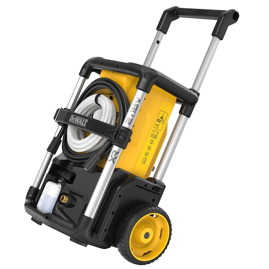 DEWALT portable pressure washer with a yellow and black body, two large wheels, a retractable handle, and a coiled hose secured at the front. Model DCMPW1600.