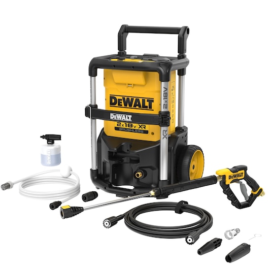 DEWALT cordless pressure washer model DCMPW1600 with two large wheels, a sturdy handle, a detachable spray gun, hose, nozzles, and accessory attachments displayed on a white background.