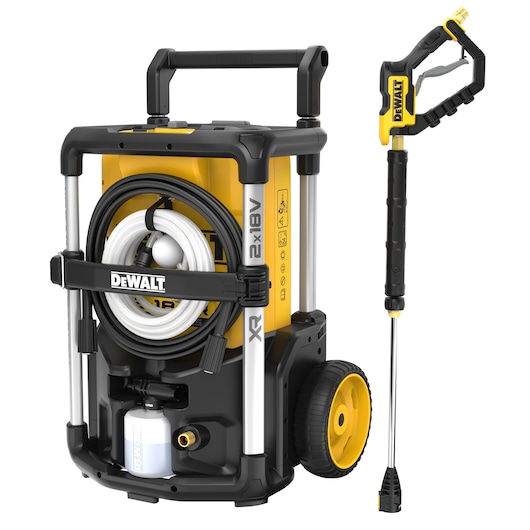 A DEWALT portable pressure washer, model DCMPW1600, featuring a sturdy yellow and black design with wheels, a hose reel, and a detachable spray gun attachment.