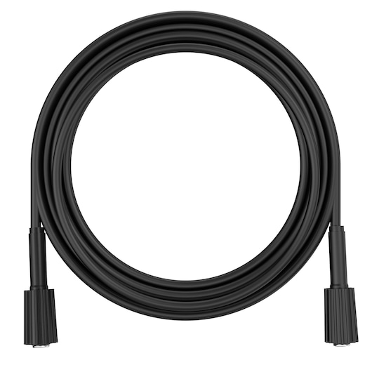 Black pressure washer hose with connectors, coiled in a circle, suitable for DEWALT cleaning tools.