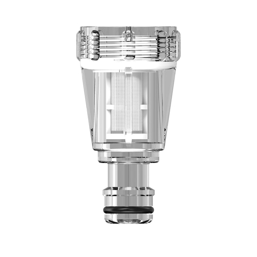Transparent nozzle filter attachment for DEWALT pressure washer, shown upright with visible internal mesh.