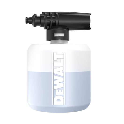 DEWALT foam cannon attachment for pressure washer, featuring a white and blue container with black nozzle.