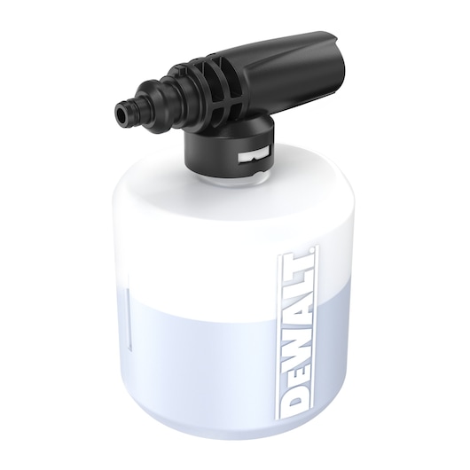DEWALT foam bottle accessory for pressure washers, features a black nozzle and white container.