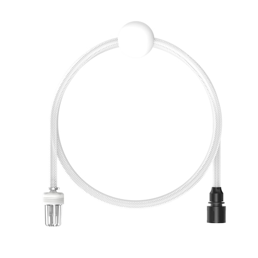 A flexible white hose with connectors on each end, used for pressure washing or cleaning equipment.