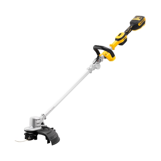 DEWALT cordless brushless grass trimmer with yellow and black handle and protective guard.