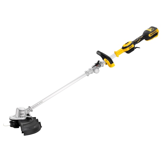 DEWALT cordless string trimmer with yellow and black handle, silver shaft, and protective guard.