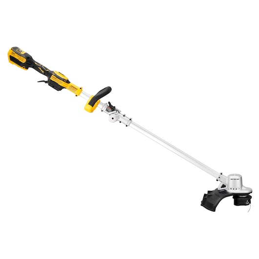 DEWALT cordless string trimmer with yellow and black handle, silver shaft, and cutting head on white background.