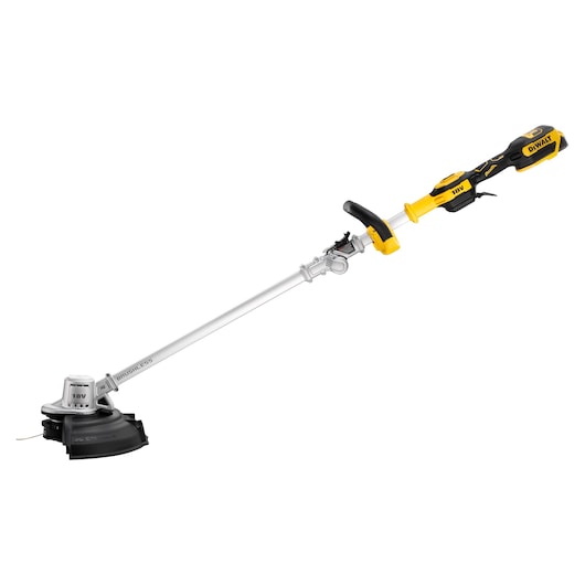 A DEWALT cordless brushless string trimmer with a yellow and black handle, long silver shaft, and black cutting guard.