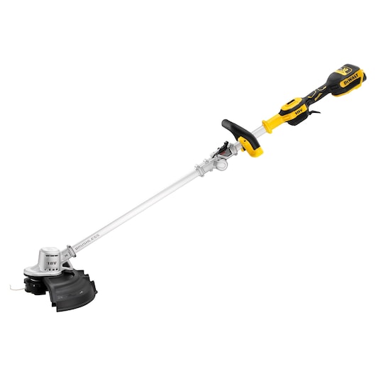 A DEWALT cordless brushless string trimmer with an 18V battery, featuring a yellow and black handle and a silver shaft, designed for garden and lawn maintenance.