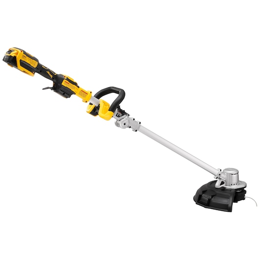 A DEWALT cordless string trimmer with a black and yellow handle and battery, featuring a telescopic shaft and a black cutting head for grass trimming.