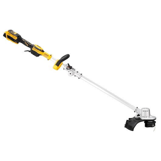 A DEWALT cordless string trimmer with an ergonomic handle and yellow and black design, featuring a long, metal shaft and protective guard near the trimmer head.