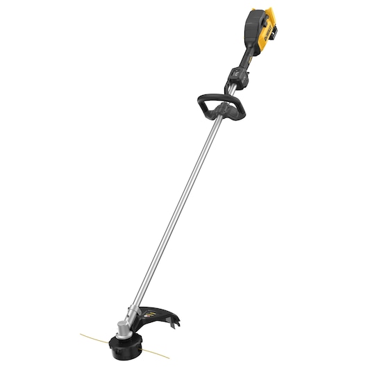 DEWALT cordless grass trimmer with yellow motor, black handle, and silver shaft shown isolated on white.