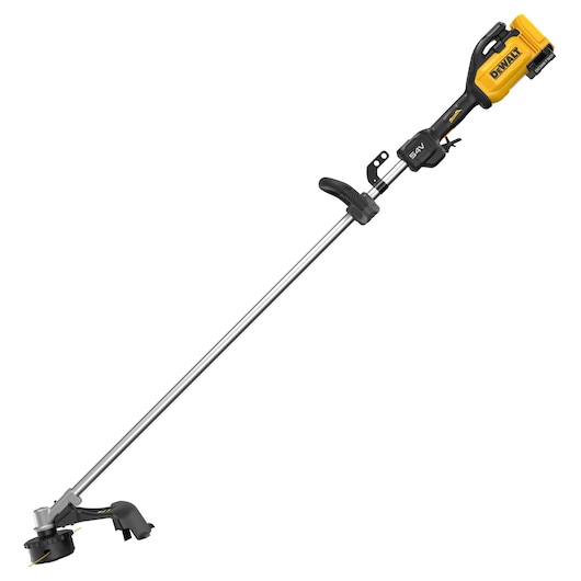 DEWALT cordless string trimmer with yellow and black handle and silver shaft for garden trimming.