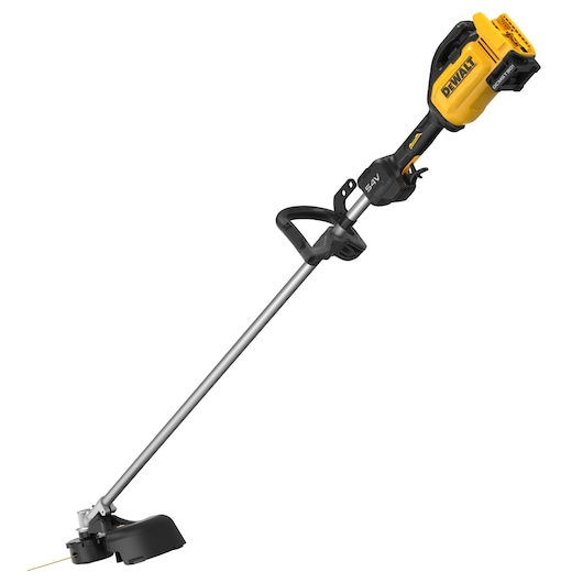 DEWALT cordless string trimmer with yellow motor, black handle and shaft, used for lawn and garden maintenance.