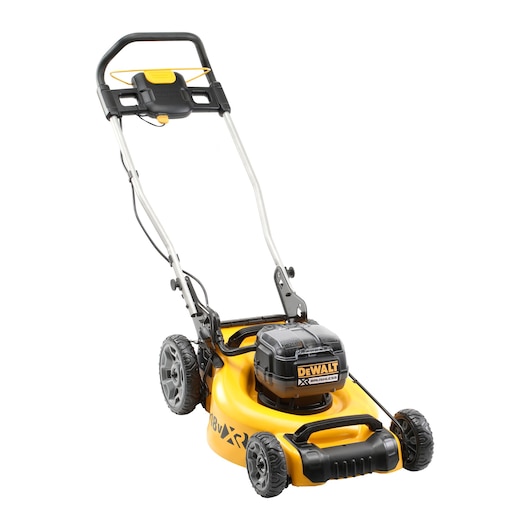 Yellow DEWALT cordless lawn mower with four wheels and handle, shown on a white background.