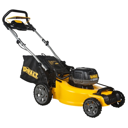DEWALT yellow and black cordless lawn mower with grass collector and sturdy wheels.