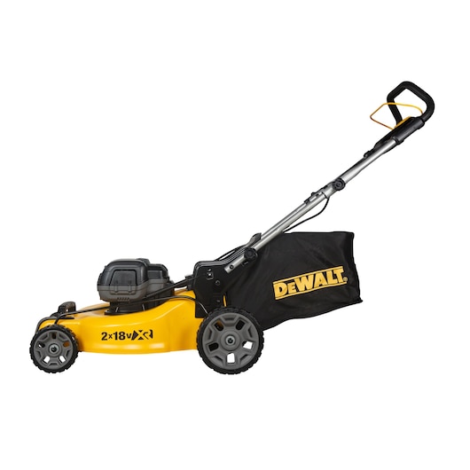 DEWALT yellow cordless lawn mower with black collection bag and adjustable handle, side view.