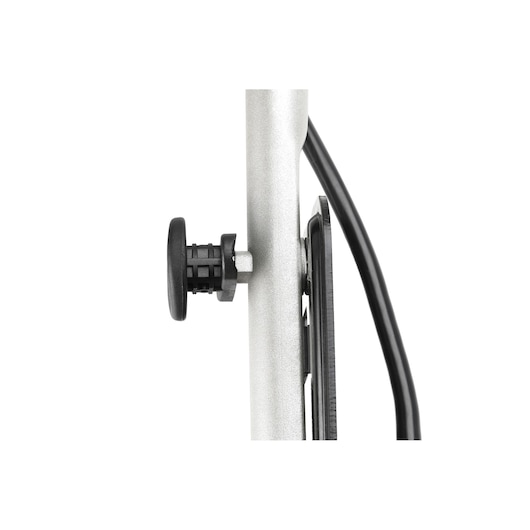 Close-up of a metal pole with a black knob and cable attached, against a white background.