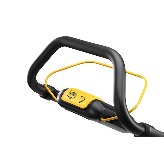 Close-up of a DEWALT lawn mower handle with yellow control button and safety bar.