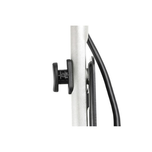 Close-up side view of a metal pole with a black plastic knob attached, part of a DEWALT product. A black cable is also visible running alongside the pole.