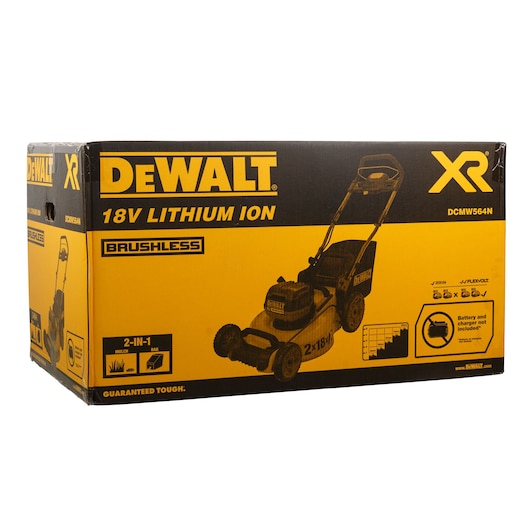 DEWALT DCMW564N 18V lithium-ion brushless lawn mower box with product image and features.