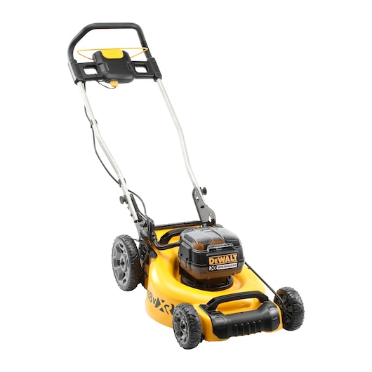 DEWALT yellow cordless lawn mower with black handle, wheels, and visible battery on white background.