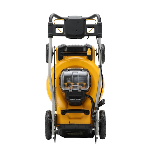 Folded DEWALT yellow cordless lawn mower viewed from above against a white background.