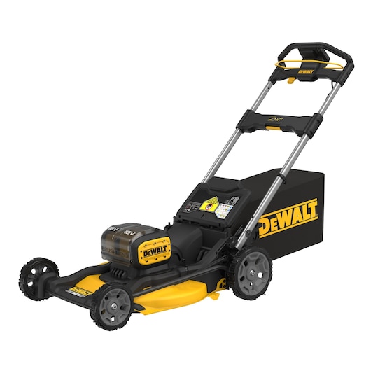 DEWALT cordless lawn mower with a black and yellow design, large wheels, and rear grass collection box.