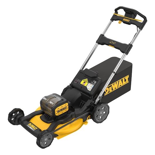 DEWALT cordless yellow lawn mower with black handle and grass collection box, shown on white background.