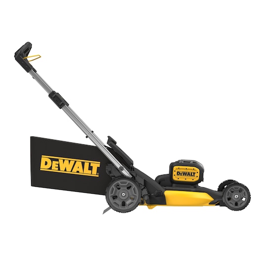 Side view of a DEWALT cordless lawn mower with a yellow and black design and large rear wheels.