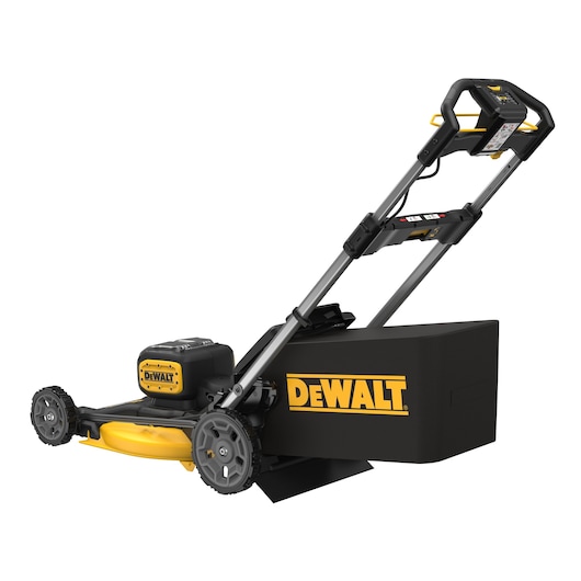 DEWALT cordless lawn mower with black and yellow body and rear grass bag attachment.