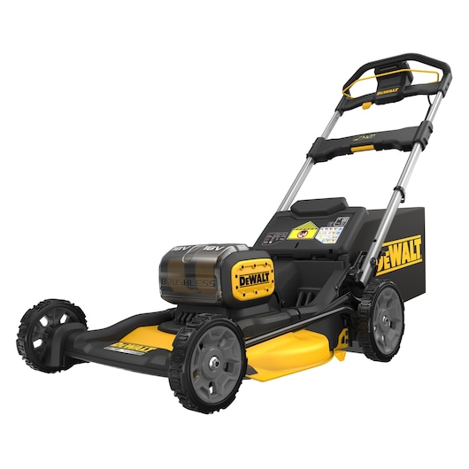 DEWALT cordless lawn mower with brushless motor, black and yellow design, large wheels and adjustable handle.