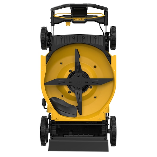 Bottom view of a DEWALT lawn mower showing the blade and wheels.