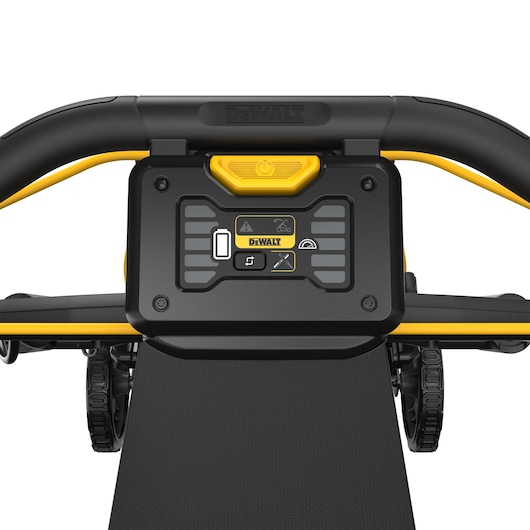 Close-up of DEWALT DCMWP134N lawn mower control panel with buttons and display.