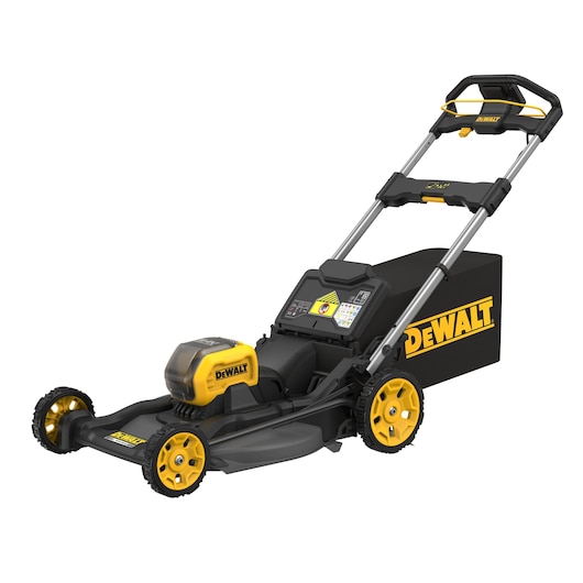 DEWALT cordless lawn mower with yellow wheels and black grass bag, angled view on white background.
