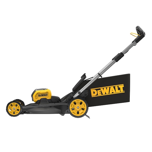 DEWALT cordless lawn mower with yellow wheels and black grass bag, side view on white background.